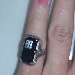 Black onyx antique filigree ring- Sterling silver-